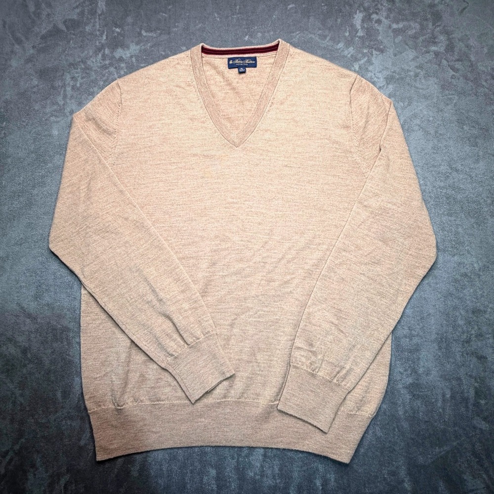 Brooks Brothers V-Neck Sweater Mens XL Tan Merino Wool Italian Yarn Quiet Luxury